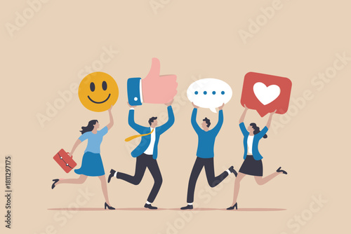 People holding social media icons depicting online engagement