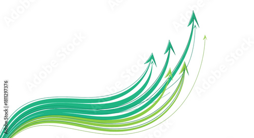 Flowing green arrows depicting a strong upward trend and continuous progress, symbolizing business success, growth, and positive development