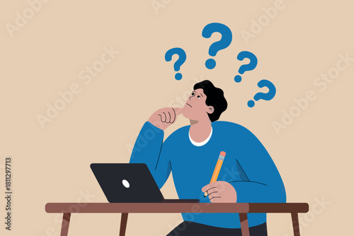 Pondering man at desk with laptop and question marks overhead