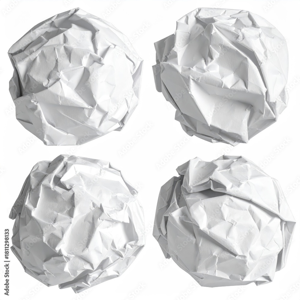 Fototapeta premium Four crumpled white paper balls on a white background