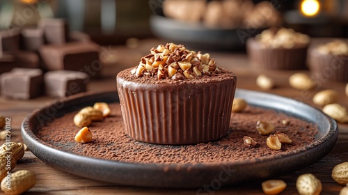 Large peanut butter cup a plate garnished with a sprinkle of crushed peanuts and cocoa powder on a rustic wooden table with warm soft lighting for a cozy dessert vibe