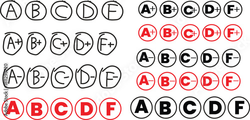 Grading scale with letter grades in black and red