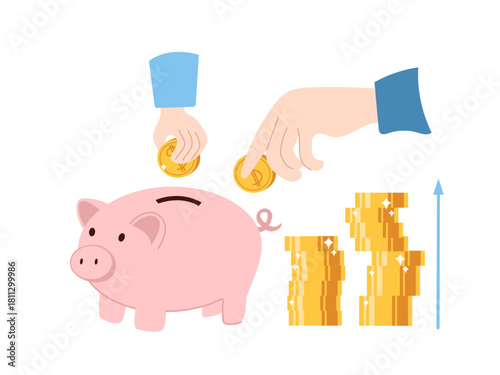 Vector illustration of a child's hand and an adult's hand depositing dollar coins into a pink piggy bank, symbolizing growth and investment. Concept of family savings and kids financial education.