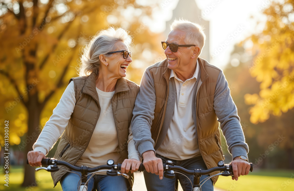 Obraz premium Happy senior couple ride bicycles together in a sunlit park during autumn. They smile and laugh while cycling on bikes, enjoying active retirement outdoors. This scene shows love and togetherness.