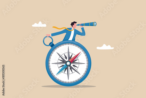 Businessman standing on a compass, looking through a telescope, symbolizing future vision, strategy, and business direction.