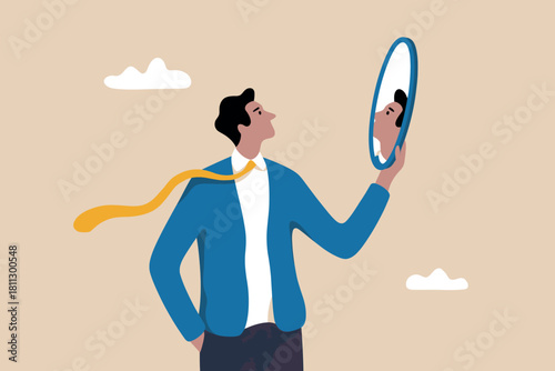 Businessman in blue blazer and yellow tie looking into a hand mirror, reflecting on his identity and self-image, self-awareness.