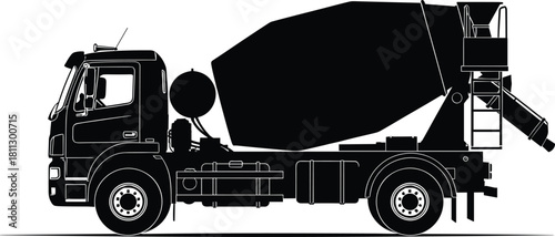Black Silhouette of a Modern Concrete Mixer Truck: Heavy Construction Vehicle, Cement Transportation, Industrial Engineering, and Building Equipment Vector