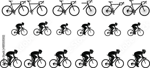 Cyclist riding road bike silhouette set, professional cycling athlete on racing bicycle collection, sports competition training scene illustration, outdoor fitness activity vector
