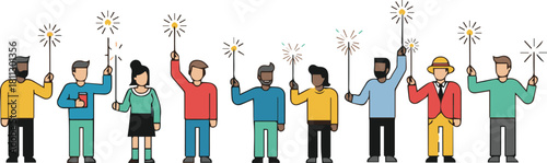 A diverse group of people holding glowing sparklers or magic wands, celebrating an event with joy and unity.