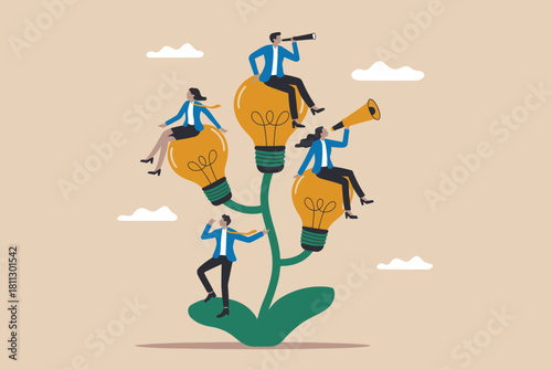 Business team collaborating on a growing plant of lightbulbs, symbolizing innovative idea development and future vision.
