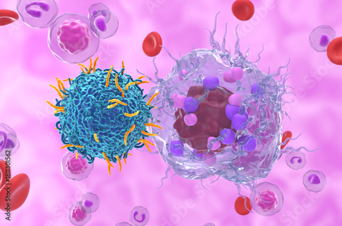 CAR T cell therapy in neuroendocrine tumor (NET) - closeup view 3d illustration
