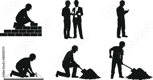 Black Construction Workers Silhouettes Set: Bricklaying, Shoveling Dirt, Planning Discussion, and Using Smartphone on a Building Site Vector Illustration