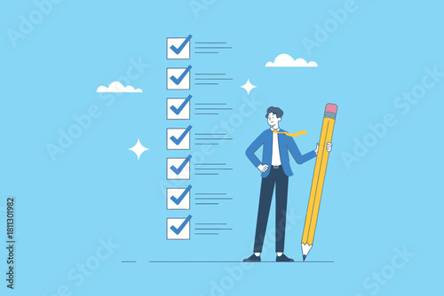 Businessman efficiently completing long task list with giant pencil, symbolizing success, planning, and productivity