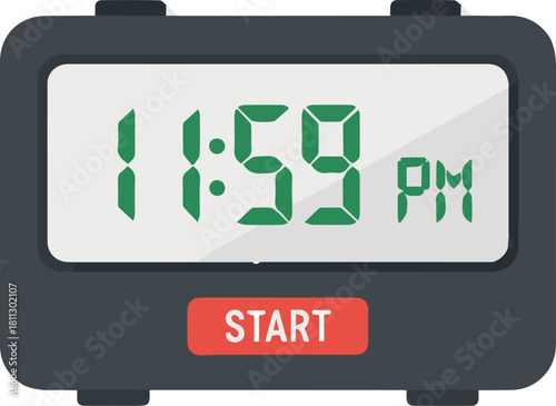 A digital clock displaying 11:59 PM with a red start button.