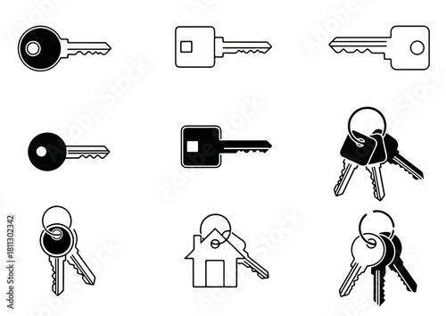 A set of black and white flat vector key icons, featuring various key head shapes, including round, square, and modern shapes. Includes single key icons, silhouette keys, outline keys, 