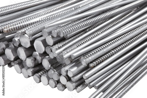 high-resolution steel rebar pile on white background with natural lighting for construction use