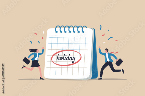 Excited businesspeople celebrating a holiday break from work, with a calendar marking the much-anticipated time off.
