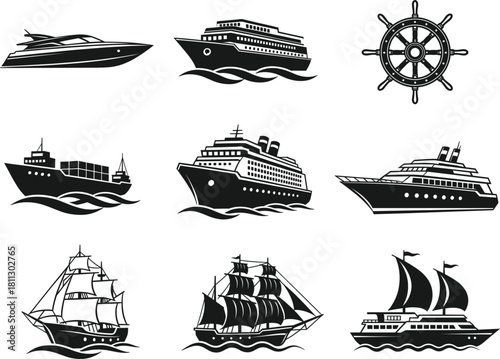 Set of various ship and boat silhouettes, cruise, yacht, sailboat, container, nautical travel, isolated black vector collection