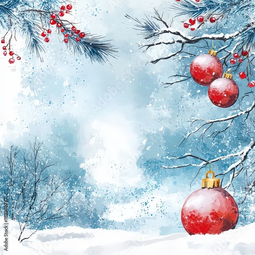 Winter Christmas composition in watercolor style. Christmas and New Year's background.