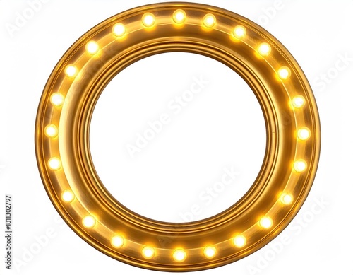 Round gold frame lit with bulbs. Isolated on white
