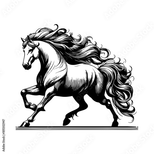 Majestic Running Horse Vector Illustration. Vintage engraving style stallion with flowing mane isolated on white background.