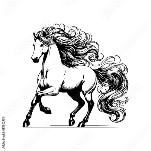 Majestic Running Horse Vector Illustration. Vintage engraving style stallion with flowing mane isolated on white background.