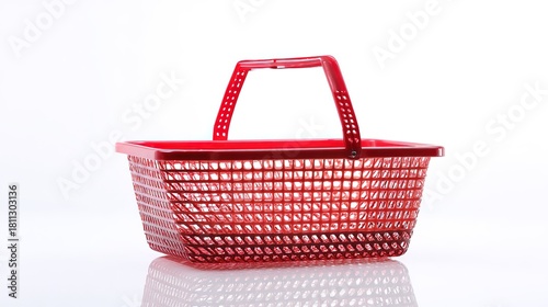 Red plastic shopping basket, perforated design with handle, on a glossy surface against white background, side view, copy space.