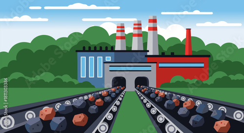 Industrial manufacturing plant with automated conveyor belts actively transporting raw coal resources for energy production and processing