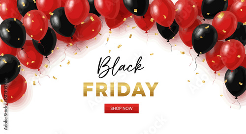 Black Friday sale advertisement with red and black balloons and confetti.