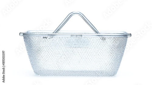 Clear plastic shopping basket, textured mesh design with handle, against plain white background, front view, copy space.