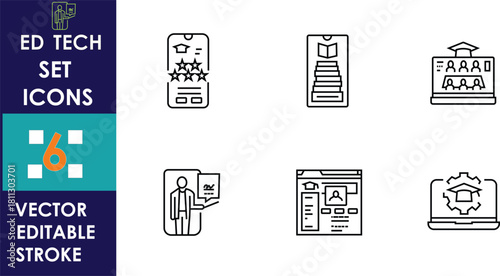Minimal linear education-technology icon set featuring mobile learning, online courses, virtual classrooms, digital certificates, user profiles, and laptop settings, presented in a clean vector editab