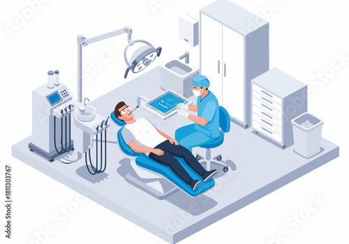 Isometric illustration of a modern dental clinic interior with a professional dentist examining a patient's teeth during a routine checkup in a clean healthcare facility