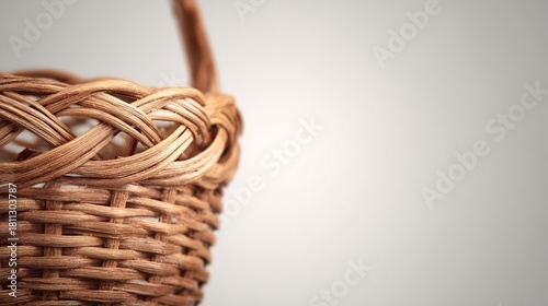 Woven wooden basket, close - up of intricate pattern with handle, against a soft gray background, copy space.