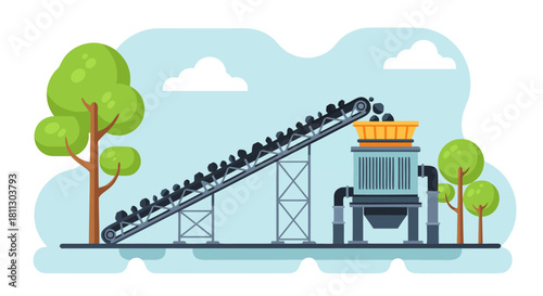 An industrial conveyor belt system transporting coal for processing at a mining plant, a flat design vector illustration of heavy machinery in a quarry