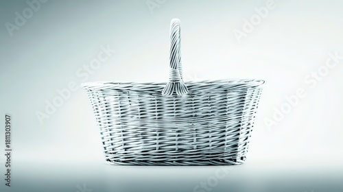 White woven wicker basket, with handle and intricate pattern, against a soft gray background, front view, copy space.