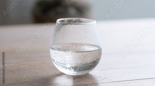 Glass of water, with condensation and a rounded shape, on a wooden surface against a soft - focused background, front view, copy space.