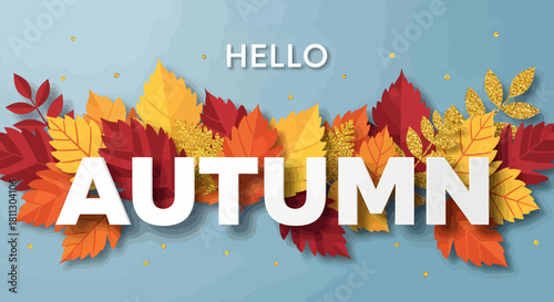 A vibrant autumn design featuring colorful leaves and the words 'Hello Autumn' against a light blue background.