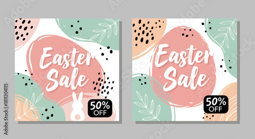 Easter sale advertisement with pastel colors and egg shapes, offering 50% off.