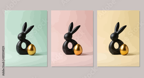 Easter bunny figurines with golden eggs on pastel backgrounds.