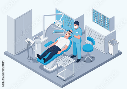 Dentist's office scene with a male patient in a dental chair and a dentist examining him, isometric view of a modern dental clinic with equipment