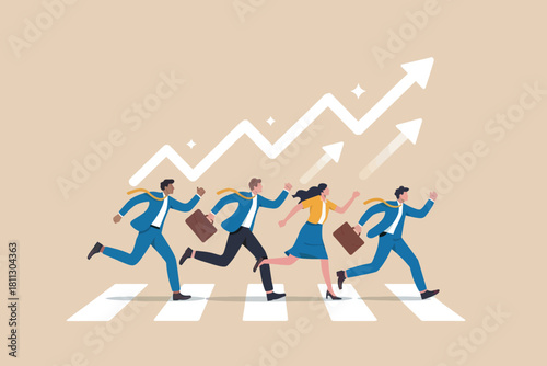 Business team running on a zebra crossing with upward growth arrows, symbolizing career progression and success in competition