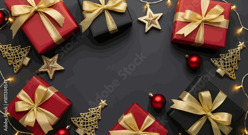 Festive gifts and decorations arranged on a dark surface with fairy lights.
