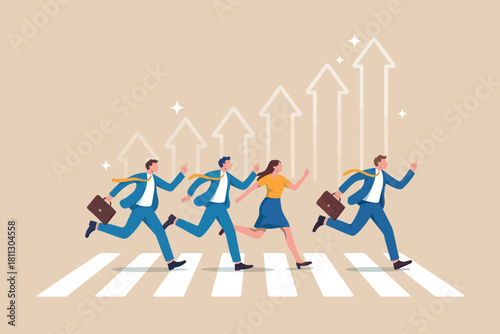 Diverse business team running quickly across a crosswalk with ascending arrows symbolizing career growth and progress