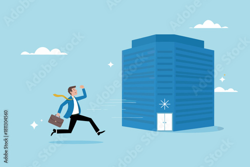 Businessman in a suit and yellow tie running quickly with a briefcase towards a modern blue office building