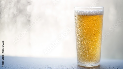 Glass of beer, with foam and condensation, on a light surface against a bright background, side view, copy space.