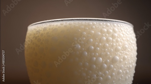 Glass of frothy beverage, with condensation and bubbles, against a warm brown background, close - up, copy space.