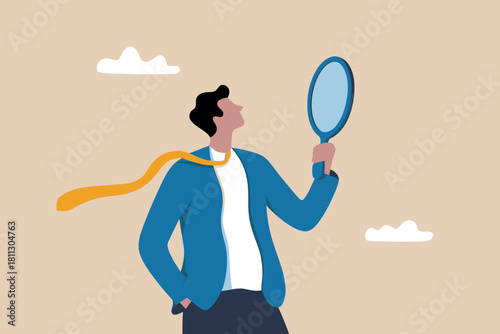 Thoughtful man in a suit jacket holding a mirror, contemplating his identity, self-worth, and future path.