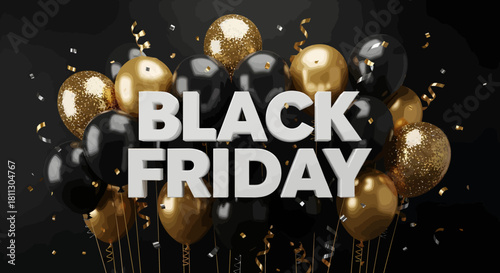 Black Friday text with gold and black balloons on a black background.