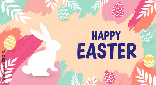 Happy Easter illustration with bunny, eggs, and floral elements.