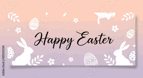 Happy Easter banner with bunnies, eggs, and flowers on a gradient background.